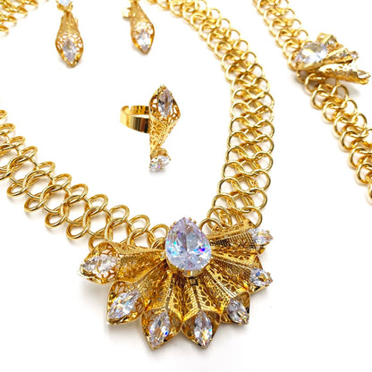 Vintage Women Jewelry Set Luxury Crystal Zircon 18K Gold Plated Necklace Earrings Ring Bracelet Set Jewelry For Wedding Party