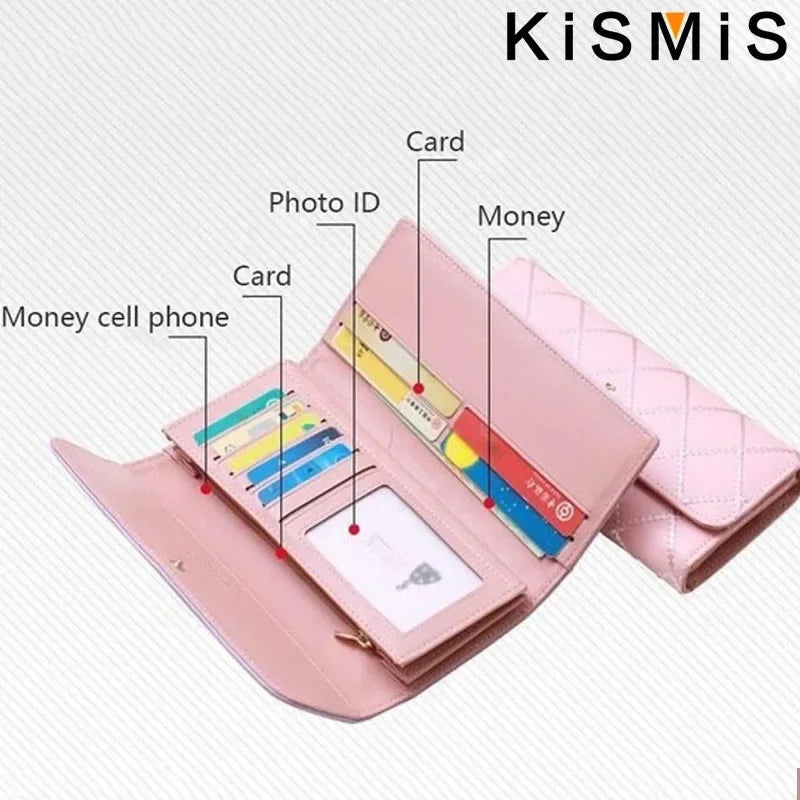 Läderplånbok för kvinnor – elegant design med lång dragkedja med koreanska lapptäcken, färgblockering, tofs och accenter