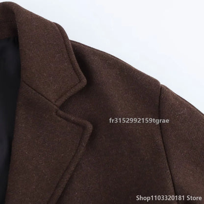 Women's Brown Long Coat in Wool Blend with Long Sleeves