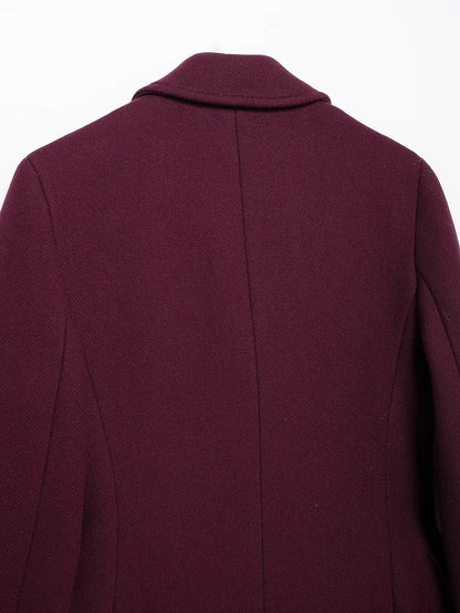 Elegant Burgundy Woolen Coat with Turn Down Collar and Double Breasted Design