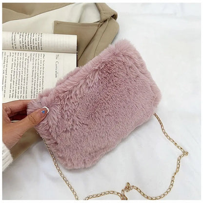 Fashion Women Fluffy Shoulder Bag – Winter Chain Underarm Bag with Soft Plush Handle