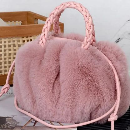 Cute Pumpkin Plush Shoulder Bag - Winter Rabbit Fur Crossbody Tote for Girls