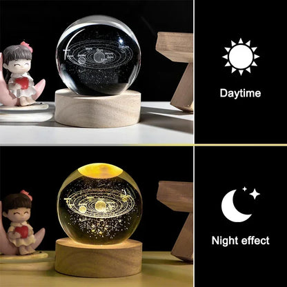 Lysande 3D-kristallkula LED-nattljus – Saturn Solar System &amp; Moon Design, USB-lampa i sovrummet, atmosfärsljus för barns födelsedagspresent