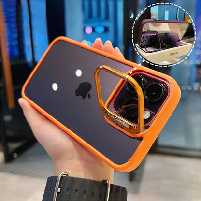 Lens Metal Ring Protector Stand Case For iPhone: Transparent Shockproof Camera Lens Protection Cover