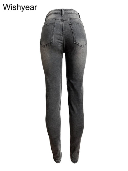 Sexig hållficka Ripped Cargo Stretch Jeansbyxor Dammode Vår Moto Biker Skinny Pencil Jeans Streetwear y2k Byxor