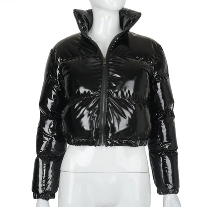 Women's Y2K PU Glossy Jacket with Standing Collar