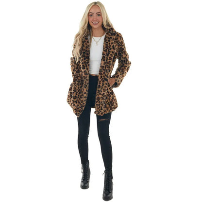 Leopard Print Faux Fur Coat with Pockets Loose and Stylish