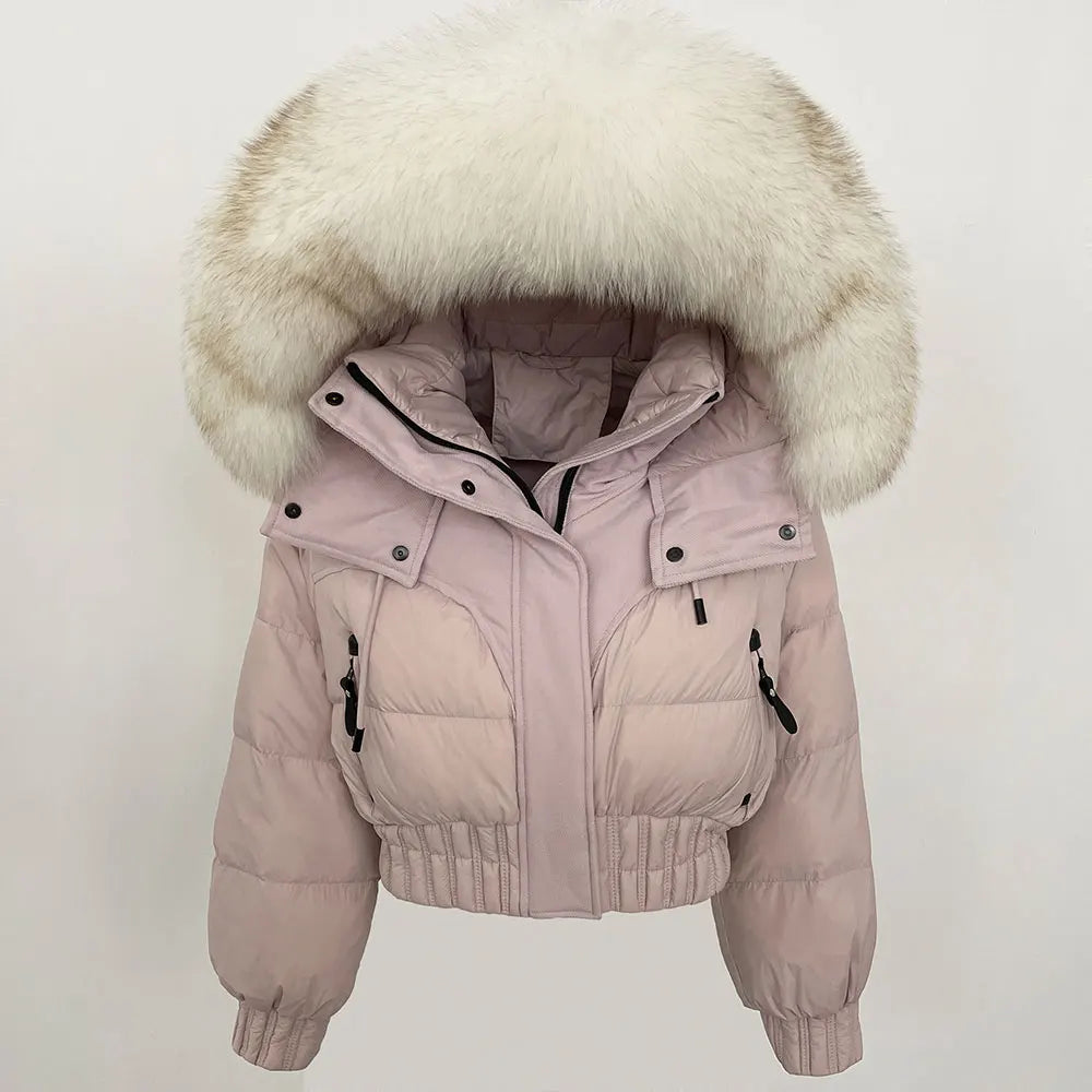 Short Hooded Down Coat with Real Raccoon Fox Fur Collar Warm and Casual