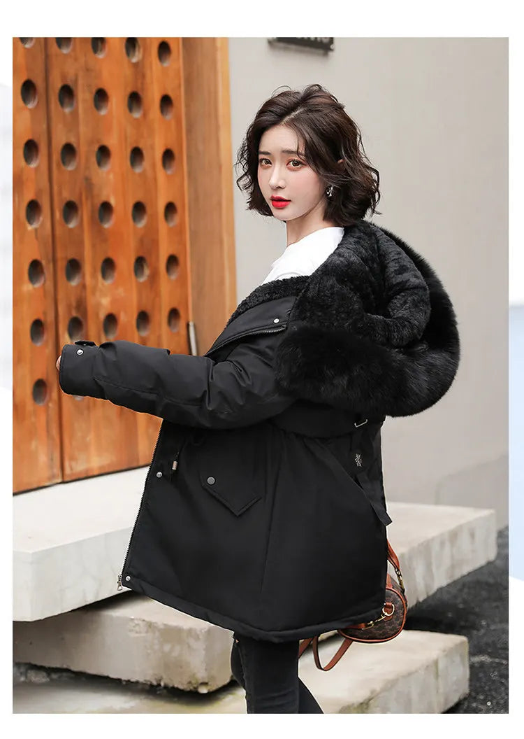 Hooded Parka with Fur Collar and Thick Liner Casual and Fashionable