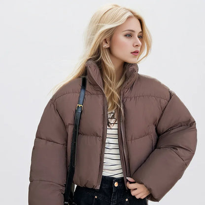 Women's Cropped Puffer Jacket with Stand Collar