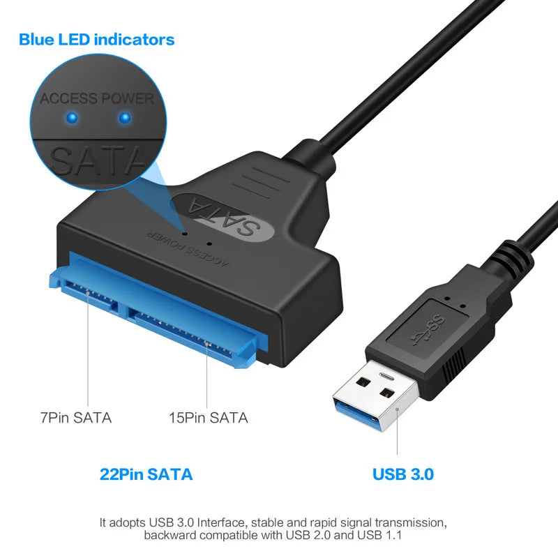 SATA till USB 3.0 / 2.0-kabel Upp till 6 Gbps för 2,5 tums extern hårddisk SSD-hårddisk SATA 3 22-stiftsadapter USB 3.0 till Sata III-sladd