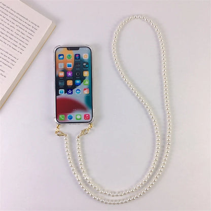 Lyxigt koreanskt Crossbody Pearl Chain telefonfodral med transparent skal och rem för iPhone