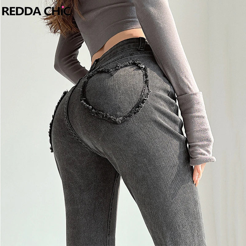 ReddaChic Harajuku Heart-pocket Flared Jeans Women Retro Gray Stretchy Casual Pants Grunge Y2k Goth Tall Girl Friendly Trousers