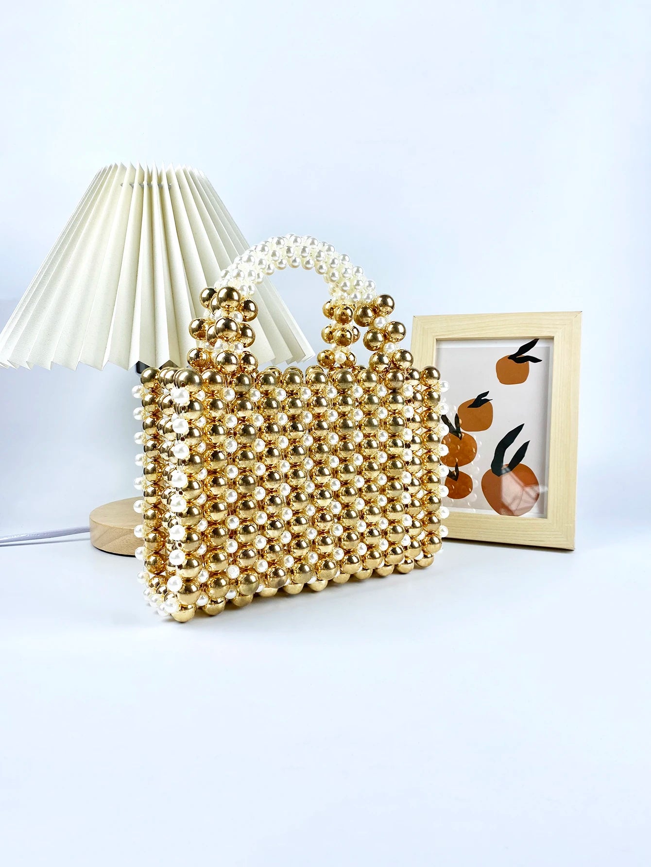 Mobile Phone Bag: Gold Beads, Acrylic Handheld, Beaded Handmade, Casual Dinner