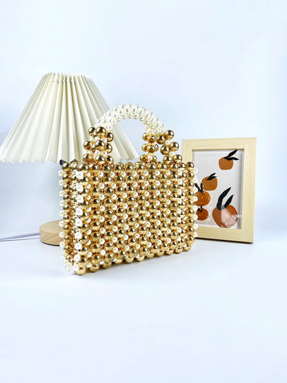 Mobile Phone Bag: Gold Beads, Acrylic Handheld, Beaded Handmade, Casual Dinner