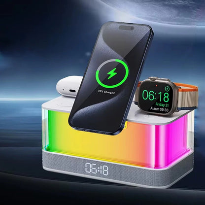 6-in-1 Wireless Charging Station – Magnetic Fast Charger, Bluetooth Speaker, Clock & Night Light